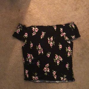 Black crop top with pink and green flowers